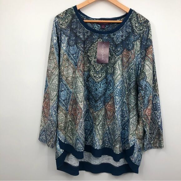Gloria Vanderbilt Wilhemina Blouse Blue Green Popover Size 1X NWT Artsy Abstract - Picture 1 of 9